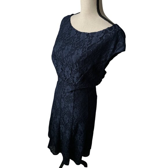 Lauren Ralph Lauren Navy Lace Evening Dress Midi Cap Short Sleeve Waist Size 18 - Picture 4 of 9